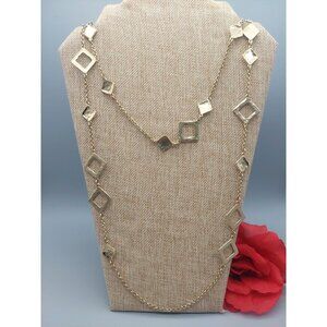 Chicos Gold Tone Rolo Chain Double Necklace Matte & Shiny Geometric Stations